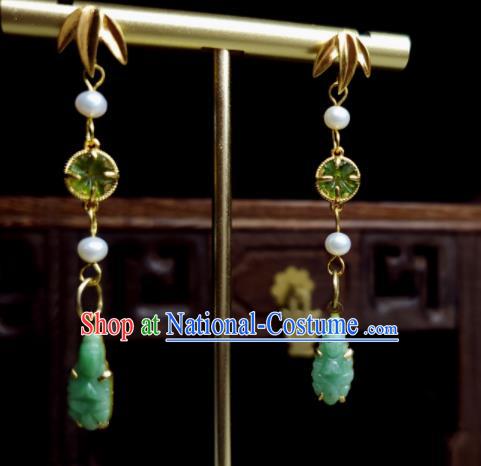 Handmade Chinese National Jadeite Earrings Traditional Ear Jewelry Golden Bamboo Leaf Eardrop Cheongsam Ear Accessories