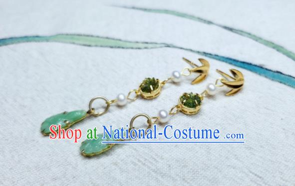 Handmade Chinese National Jadeite Earrings Traditional Ear Jewelry Golden Bamboo Leaf Eardrop Cheongsam Ear Accessories