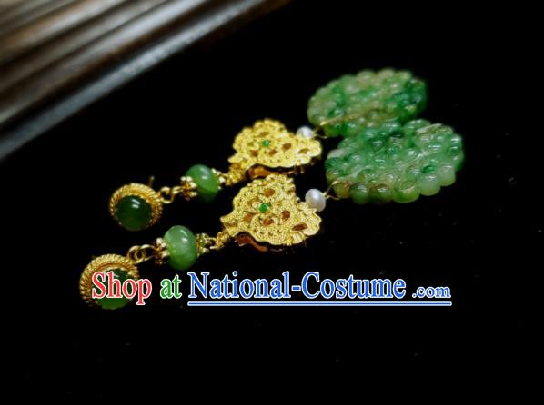 Handmade Chinese National Golden Earrings Traditional Palace Eardrop Cheongsam Ear Jewelry Jadeite Ear Accessories