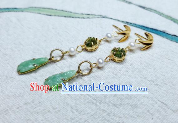 Handmade Chinese National Jadeite Earrings Traditional Ear Jewelry Golden Bamboo Leaf Eardrop Cheongsam Ear Accessories