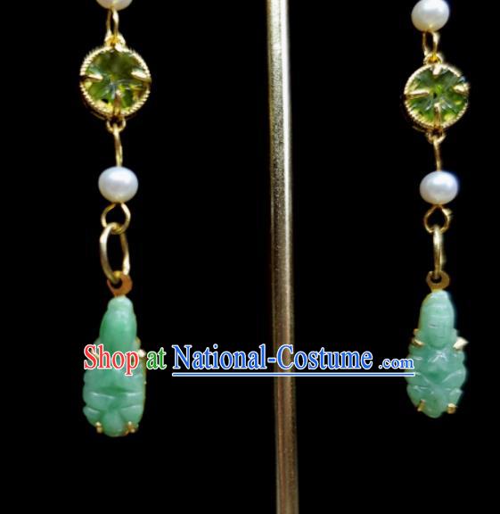 Handmade Chinese National Jadeite Earrings Traditional Ear Jewelry Golden Bamboo Leaf Eardrop Cheongsam Ear Accessories