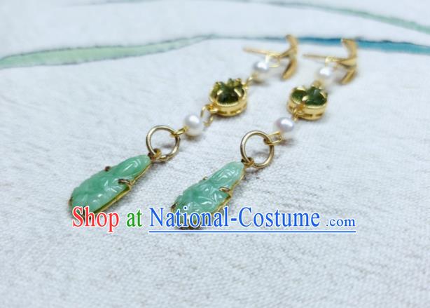 Handmade Chinese National Jadeite Earrings Traditional Ear Jewelry Golden Bamboo Leaf Eardrop Cheongsam Ear Accessories