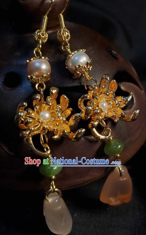 Handmade Chinese National Mangnolia Earrings Traditional Jade Eardrop Cheongsam Ear Jewelry Golden Chrysanthemum Ear Accessories