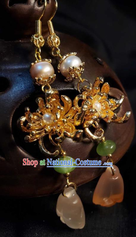 Handmade Chinese National Mangnolia Earrings Traditional Jade Eardrop Cheongsam Ear Jewelry Golden Chrysanthemum Ear Accessories