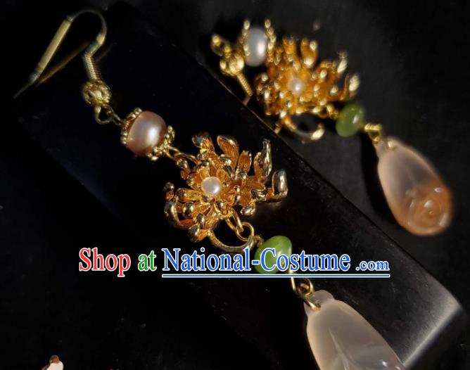 Handmade Chinese National Mangnolia Earrings Traditional Jade Eardrop Cheongsam Ear Jewelry Golden Chrysanthemum Ear Accessories