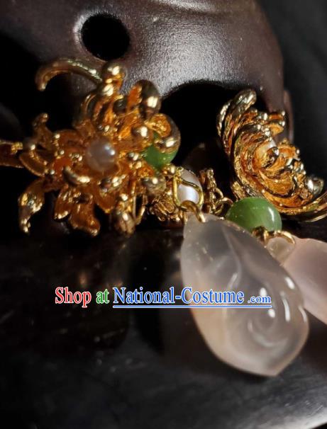 Handmade Chinese National Mangnolia Earrings Traditional Jade Eardrop Cheongsam Ear Jewelry Golden Chrysanthemum Ear Accessories