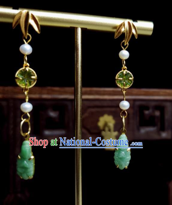 Handmade Chinese National Jadeite Earrings Traditional Ear Jewelry Golden Bamboo Leaf Eardrop Cheongsam Ear Accessories