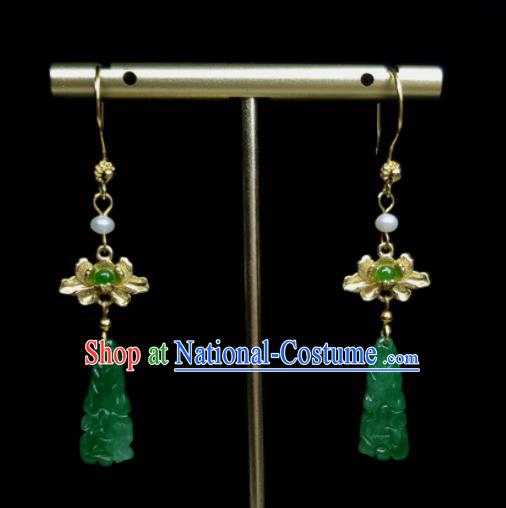 Handmade Chinese Golden Lotus Eardrop Cheongsam Ear Accessories National Jadeite Earrings Traditional Ear Jewelry