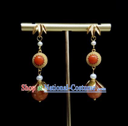 Handmade Chinese National Agate Carving Earrings Traditional Ear Jewelry Qing Dynasty Golden Bamboo Leaf Eardrop Cheongsam Ear Accessories