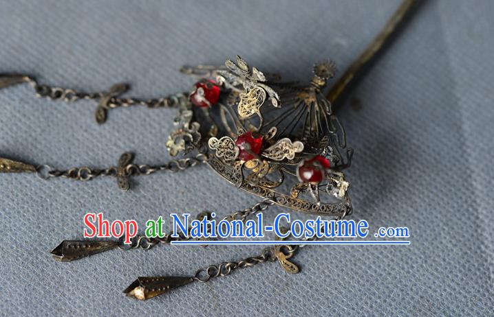 Chinese Traditional Tassel Hair Accessories Handmade Qing Dynasty Silver Hair Stick Ancient Princess Gems Hairpin