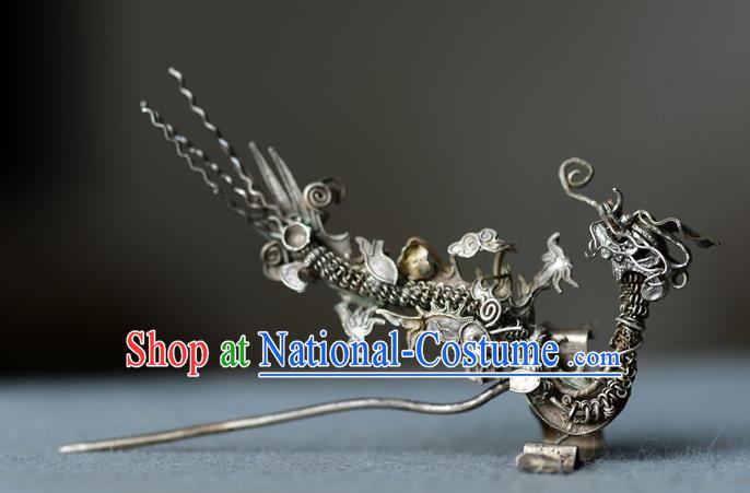 Chinese Handmade Qing Dynasty Filigree Dragon Hair Stick Ancient Empress Silver Hairpin Traditional Vintage Hair Accessories