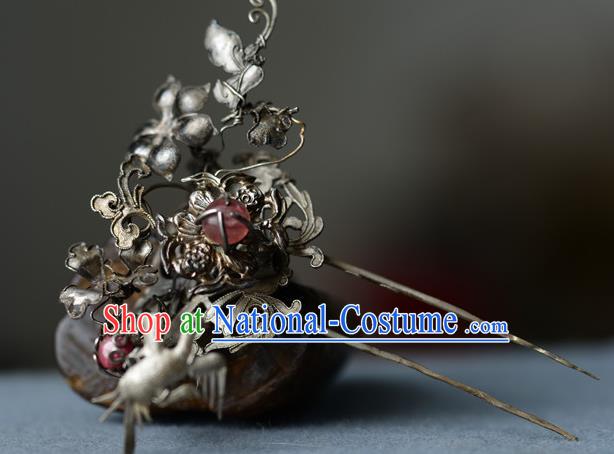 Chinese Ancient Empress Silver Hairpin Traditional Court Hair Accessories Handmade Qing Dynasty Imperial Consort Ruby Hair Stick