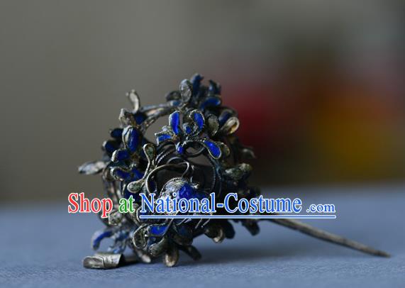 Chinese Traditional Court Woman Hair Accessories Handmade Qing Dynasty Cloisonne Hair Stick Ancient Empress Silver Hairpin