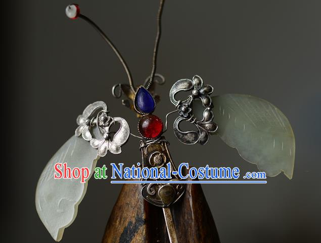 Chinese Traditional Gems Hair Accessories Handmade Qing Dynasty Imperial Consort Jade Hair Stick Ancient Court Woman Silver Butterfly Hairpin