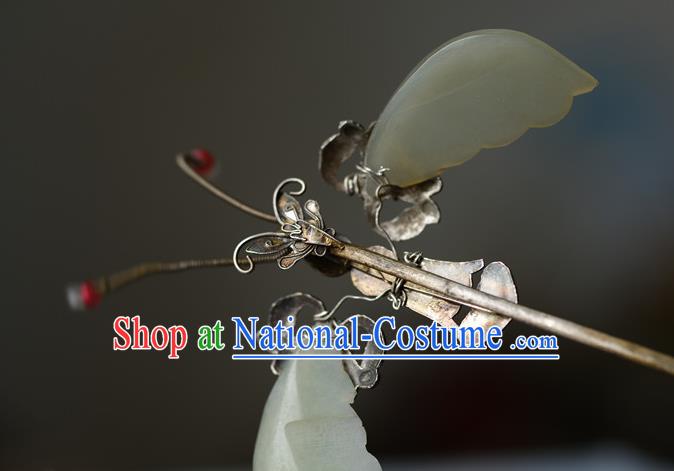 Chinese Traditional Gems Hair Accessories Handmade Qing Dynasty Imperial Consort Jade Hair Stick Ancient Court Woman Silver Butterfly Hairpin