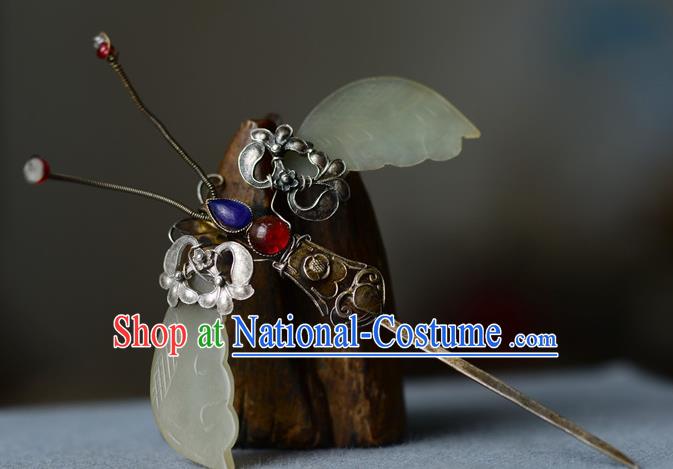 Chinese Traditional Gems Hair Accessories Handmade Qing Dynasty Imperial Consort Jade Hair Stick Ancient Court Woman Silver Butterfly Hairpin