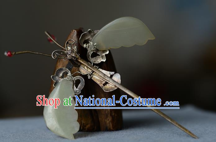 Chinese Traditional Gems Hair Accessories Handmade Qing Dynasty Imperial Consort Jade Hair Stick Ancient Court Woman Silver Butterfly Hairpin