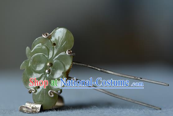 Chinese Ancient Court Woman Jade Peony Hairpin Traditional Hair Accessories Handmade Qing Dynasty Imperial Consort Silver Hair Comb