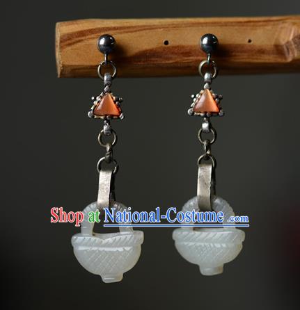 Handmade Chinese Traditional Hetian Jade Eardrop Cheongsam Ear Jewelry Silver Ear Accessories National Earrings