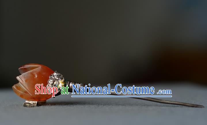 Chinese Handmade Qing Dynasty Court Woman Hair Stick Ancient Imperial Consort Agate Hairpin Traditional Silver Headpiece