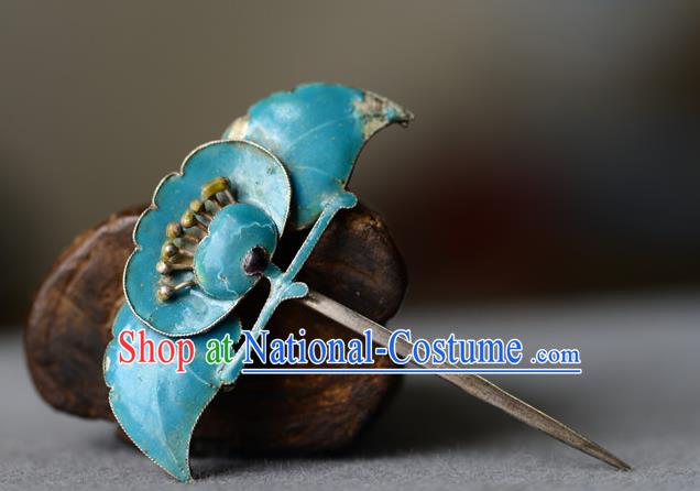 Chinese Handmade Qing Dynasty Cloisonne Peach Hair Stick Ancient Imperial Consort Hairpin Traditional Blueing Headwear