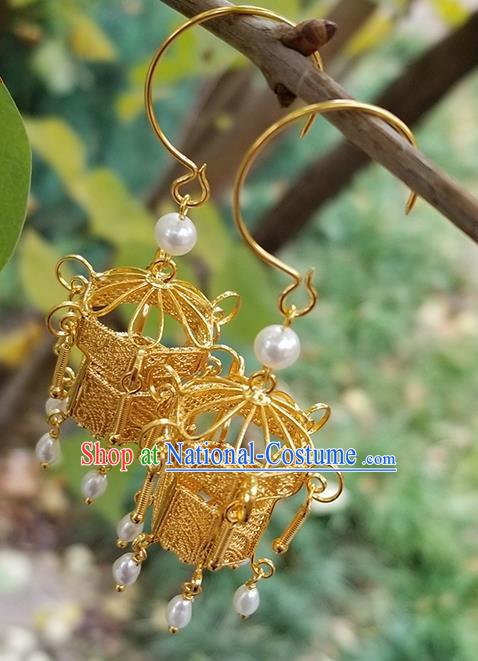 Handmade Chinese Qing Dynasty Empress Ear Accessories National Golden Lantern Earrings Traditional Pearls Eardrop Cheongsam Ear Jewelry