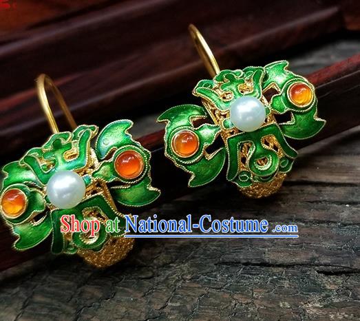 Handmade Chinese Traditional Filigree Eardrop Cheongsam Ear Jewelry Qing Dynasty Empress Ear Accessories National Cloisonne Green Earrings