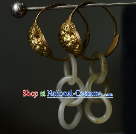 Handmade Chinese National Jade Rings Earrings Traditional Court Eardrop Cheongsam Ear Jewelry Qing Dynasty Silver Ear Accessories