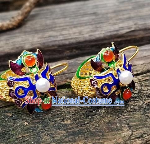 Handmade Chinese Qing Dynasty Court Ear Accessories National Cloisonne Earrings Traditional Filigree Eardrop Cheongsam Pearl Ear Jewelry