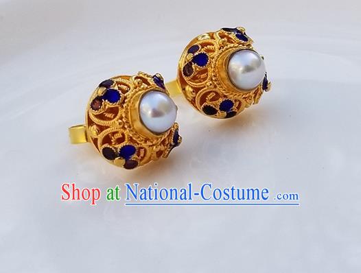 Handmade Chinese Cheongsam Golden Ear Jewelry Qing Dynasty Court Ear Accessories National Cloisonne Earrings Traditional Pearl Eardrop