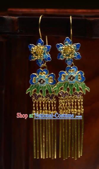 Handmade Chinese Traditional Blueing Flowers Eardrop Cheongsam Ear Jewelry Qing Dynasty Court Ear Accessories National Golden Tassel Earrings