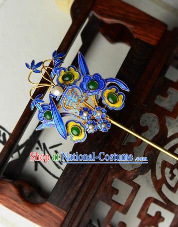 Chinese Traditional Cloisonne Headpiece Handmade Qing Dynasty Empress Hair Stick Ancient Court Woman Jade Hairpin