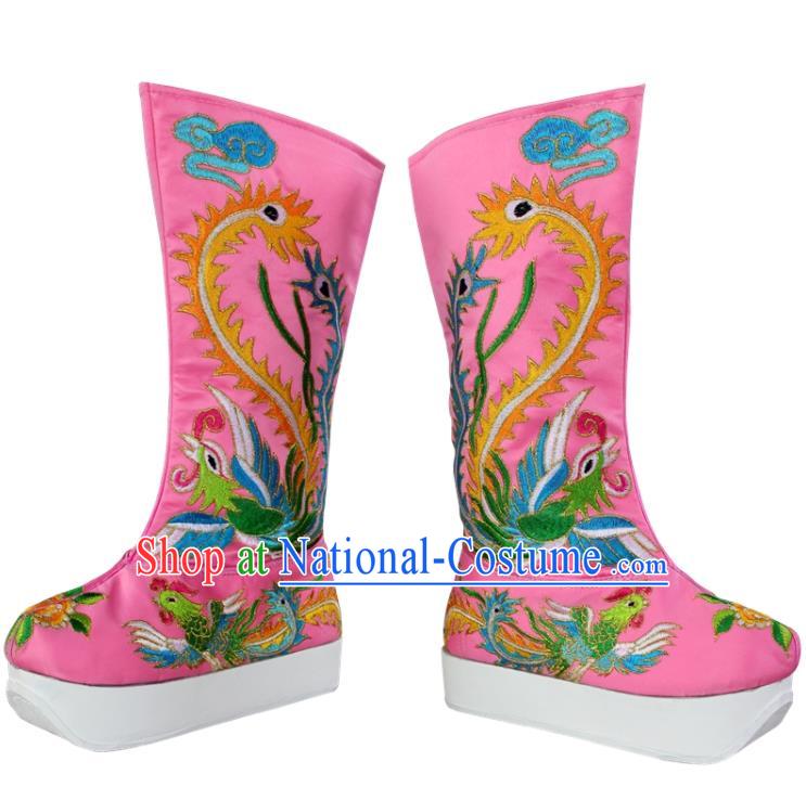 China Beijing Opera Hua Tan Shoes Ancient Empress Embroidered Pink Satin Boots Kun Opera Actress Shoes