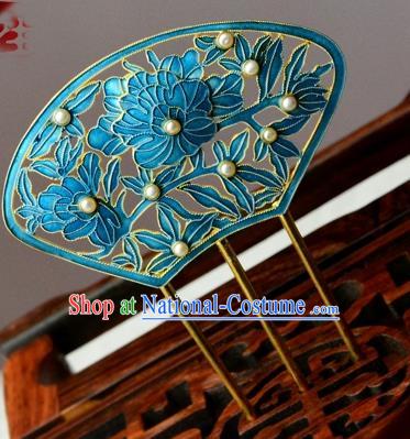 Chinese Ancient Court Woman Pearls Hairpin Traditional Cloisonne Hair Crown Headpiece Handmade Qing Dynasty Empress Hair Comb