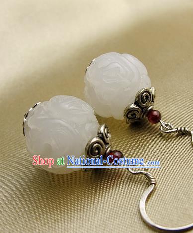 Handmade Chinese Cheongsam Ear Jewelry Qing Dynasty Ear Accessories National Silver Earrings Traditional Hetian Jade Eardrop