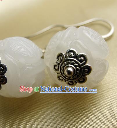 Handmade Chinese Cheongsam Ear Jewelry Qing Dynasty Ear Accessories National Silver Earrings Traditional Hetian Jade Eardrop