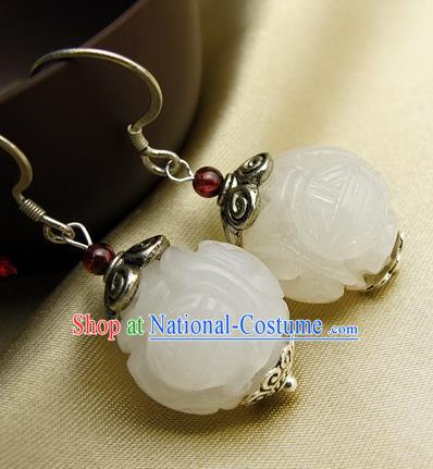 Handmade Chinese Cheongsam Ear Jewelry Qing Dynasty Ear Accessories National Silver Earrings Traditional Hetian Jade Eardrop