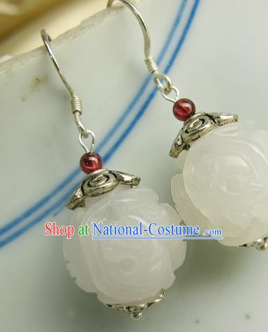 Handmade Chinese Cheongsam Ear Jewelry Qing Dynasty Ear Accessories National Silver Earrings Traditional Hetian Jade Eardrop