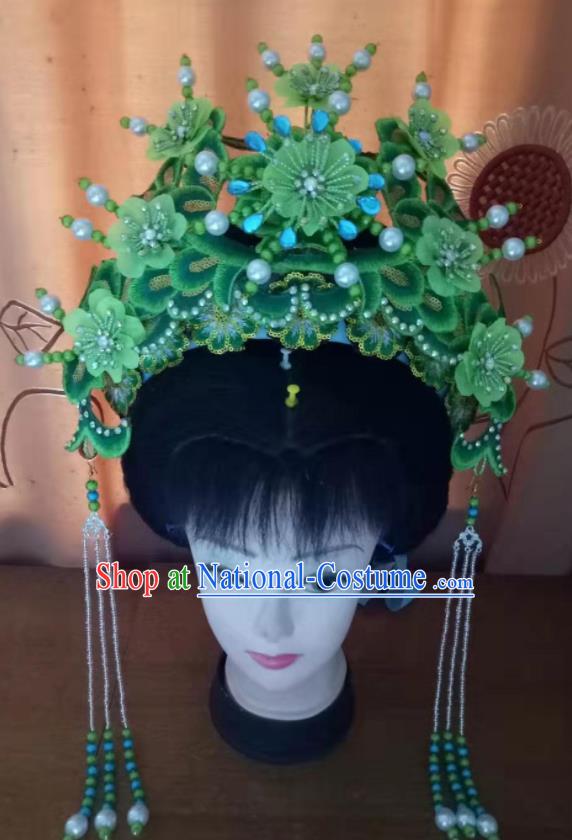 Chinese Ancient Princess Phoenix Coronet Headdress Beijing Opera Diva Green Flowers Hair Crown Peking Opera Diva Hair Accessories