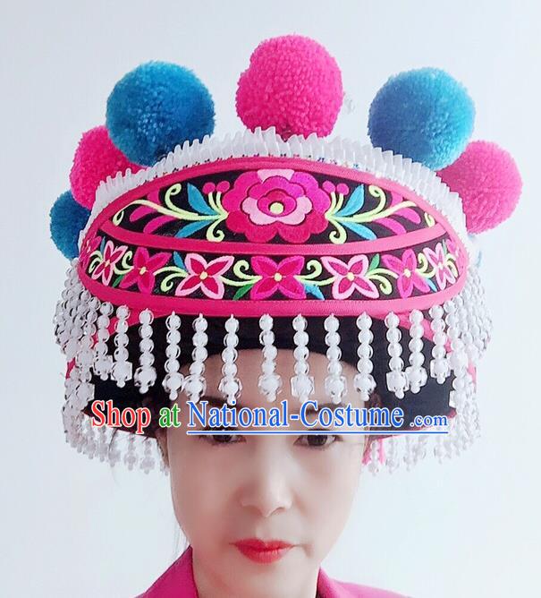 China Yunnan Ethnic Woman Tassel Hat Yi Nationality Folk Dance Headwear Minority Stage Performance Headdress