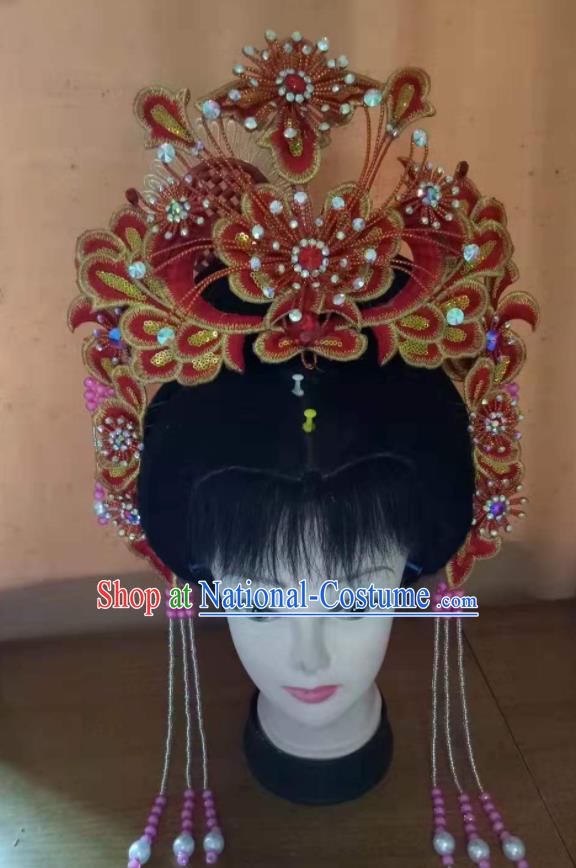 Chinese Beijing Opera Diva Red Flowers Hair Crown Peking Opera Diva Hair Accessories Ancient Princess Phoenix Coronet Headdress