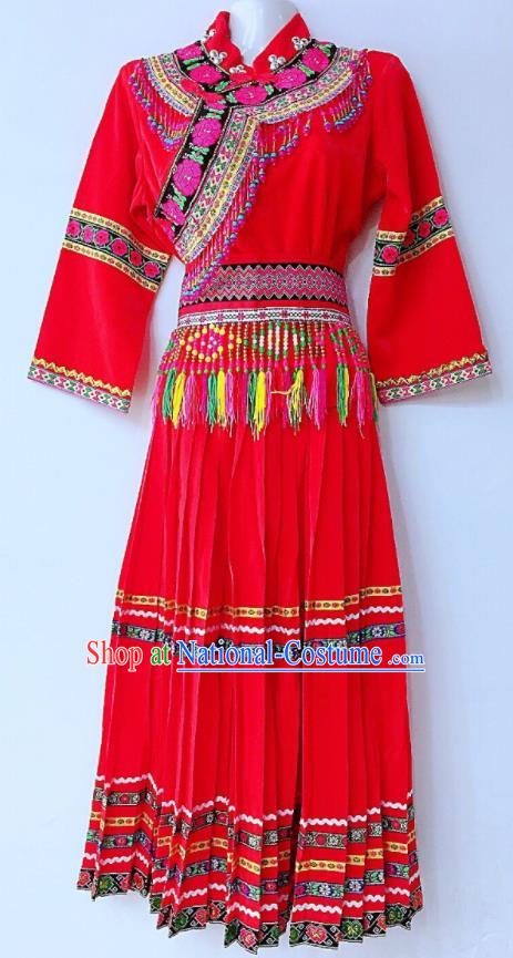 Chinese Lisu National Minority Female Dance Red Uniforms Yi Ethnic Group Garment Costumes Sichuan Nationality Festival Dress