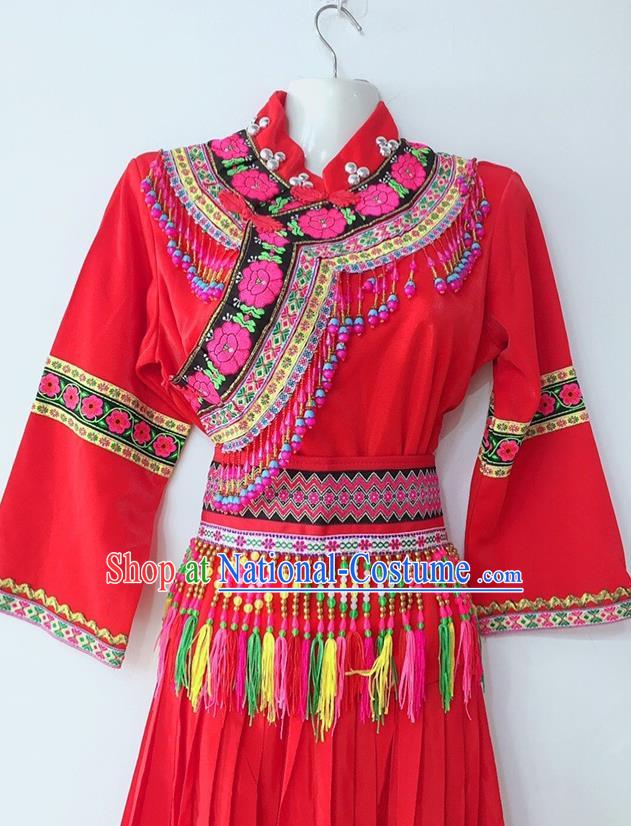 Chinese Lisu National Minority Female Dance Red Uniforms Yi Ethnic Group Garment Costumes Sichuan Nationality Festival Dress