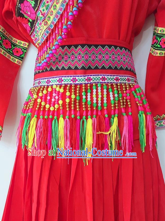 Chinese Lisu National Minority Female Dance Red Uniforms Yi Ethnic Group Garment Costumes Sichuan Nationality Festival Dress