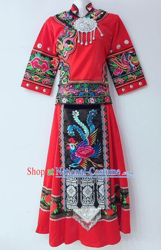 Chinese Sichuan Nationality Festival Dress Tujia National Minority Wedding Red Uniforms Yi Ethnic Group Female Garment Costumes