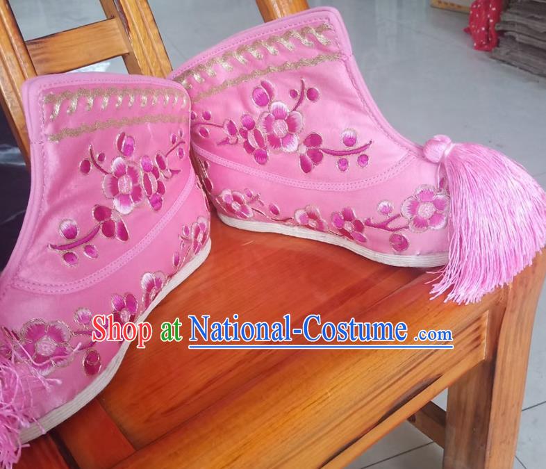 China Ancient Swordswoman Embroidered Pink Boots Kun Opera Actress Shoes Beijing Opera Hua Tan Shoes