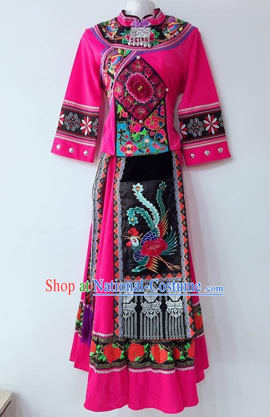 Chinese Yi Ethnic Group Female Garment Costumes Sichuan Nationality Festival Dress Tujia National Minority Wedding Rosy Uniforms