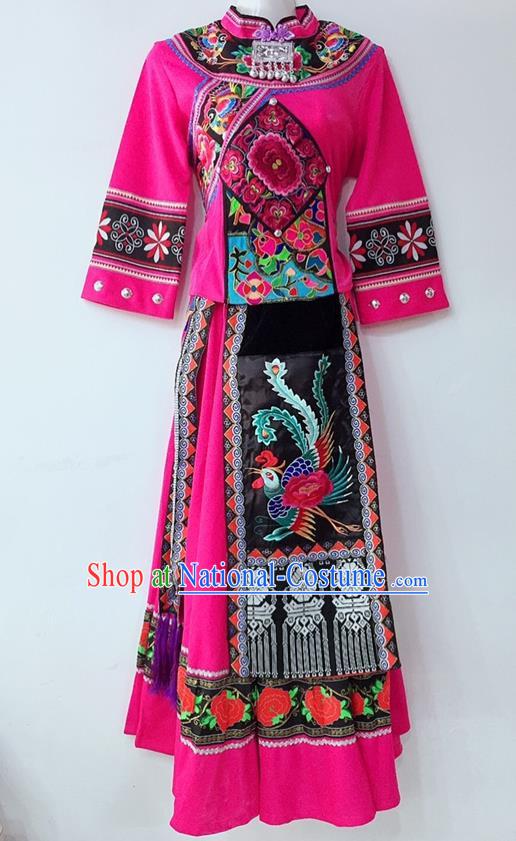 Chinese Yi Ethnic Group Female Garment Costumes Sichuan Nationality Festival Dress Tujia National Minority Wedding Rosy Uniforms