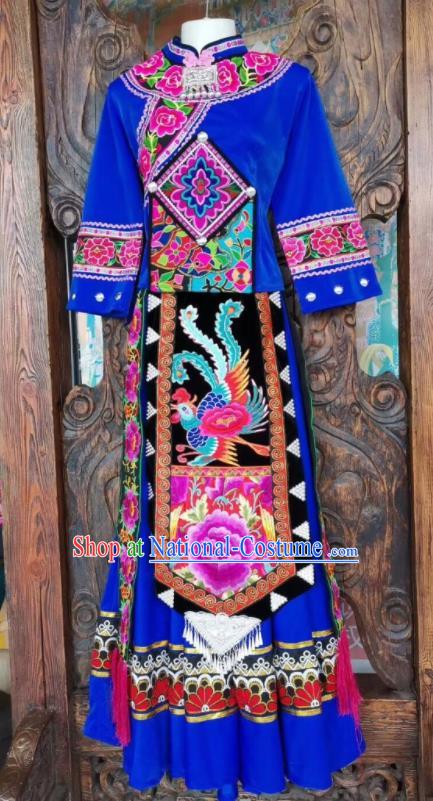 Chinese Tujia National Minority Wedding Blue Uniforms Yi Ethnic Group Female Garment Costumes Sichuan Nationality Festival Dress