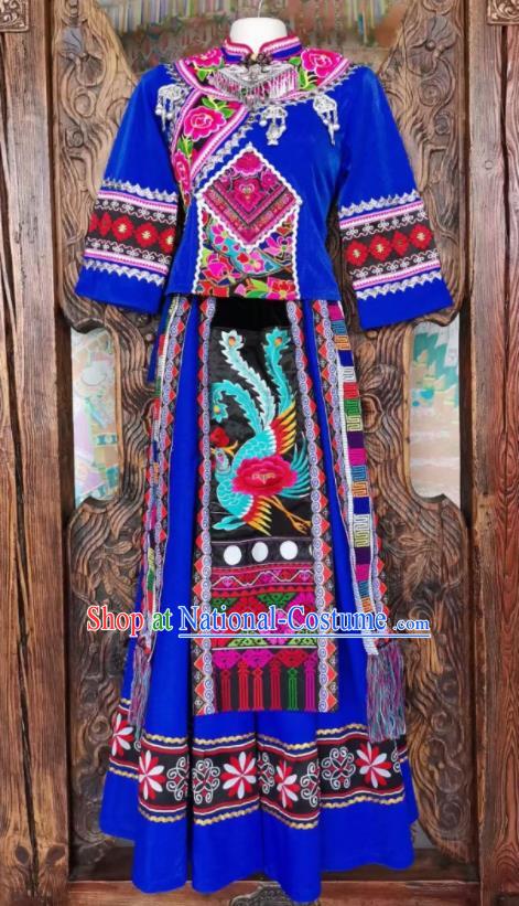 Chinese Tujia Nationality Dance Uniforms Yi Ethnic Group Women Garment Costumes Sichuan Minority Festival Blue Dress